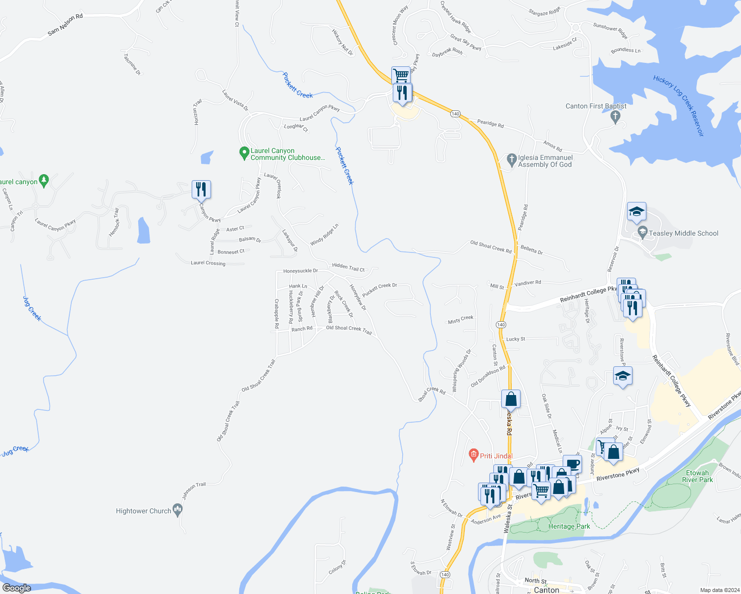 map of restaurants, bars, coffee shops, grocery stores, and more near 108 Puckett Creek Drive in Canton