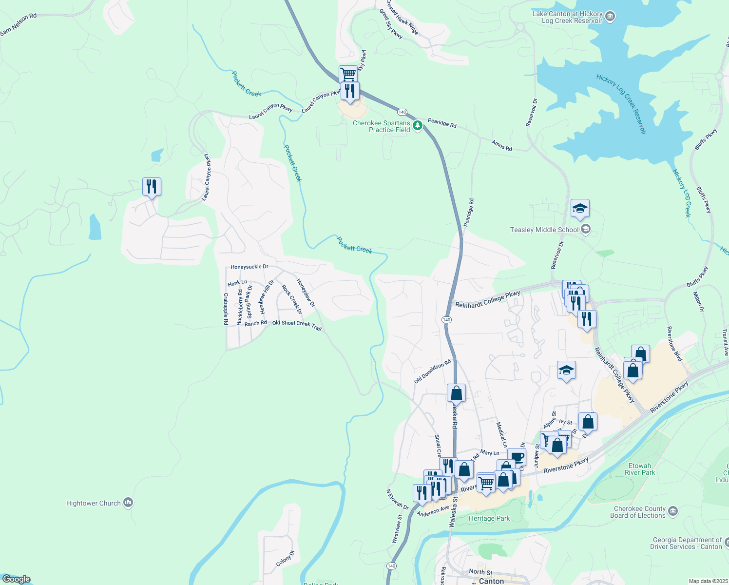 map of restaurants, bars, coffee shops, grocery stores, and more near 275 Creek View Place in Canton