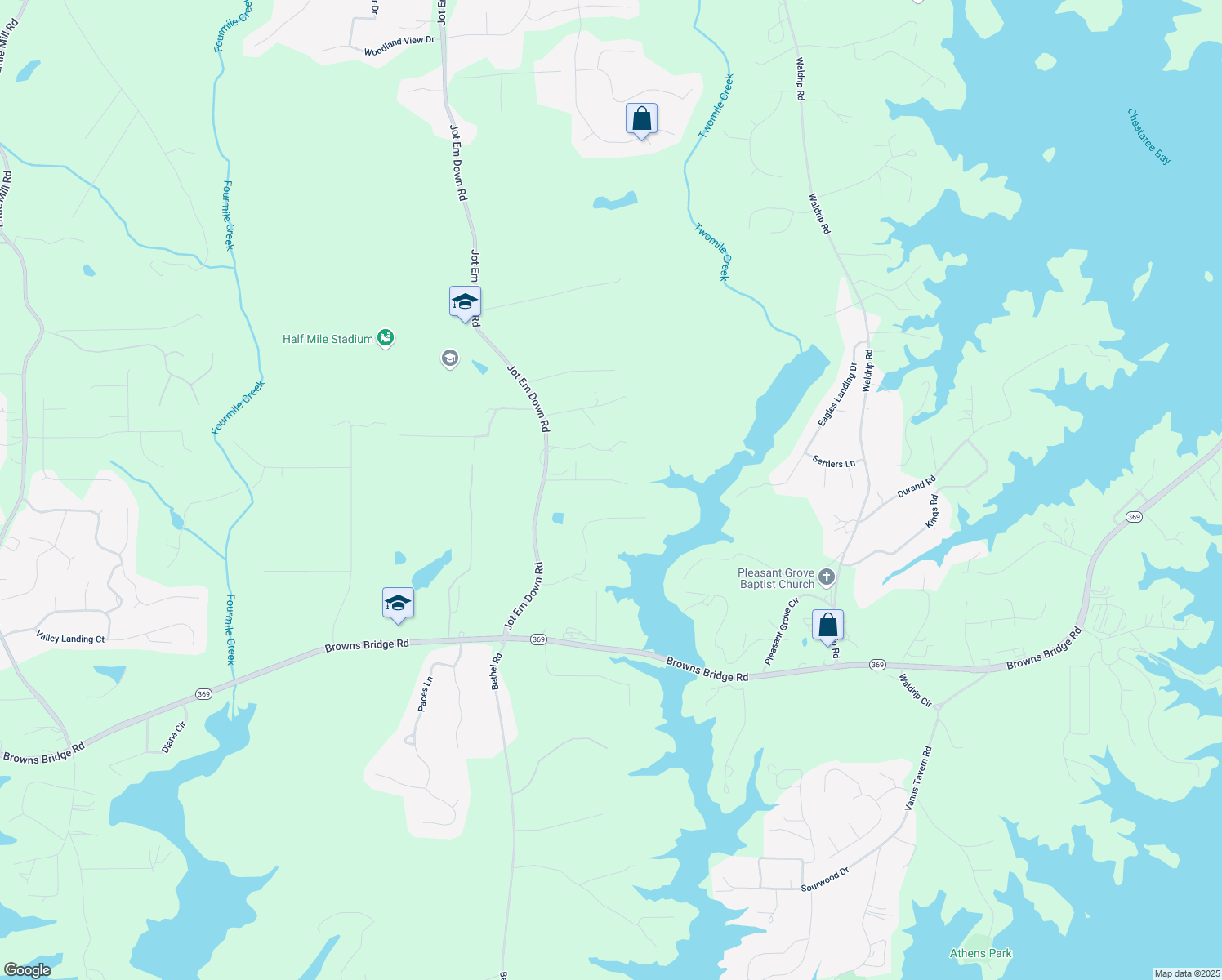 map of restaurants, bars, coffee shops, grocery stores, and more near 9540 Enclave Lane in Gainesville