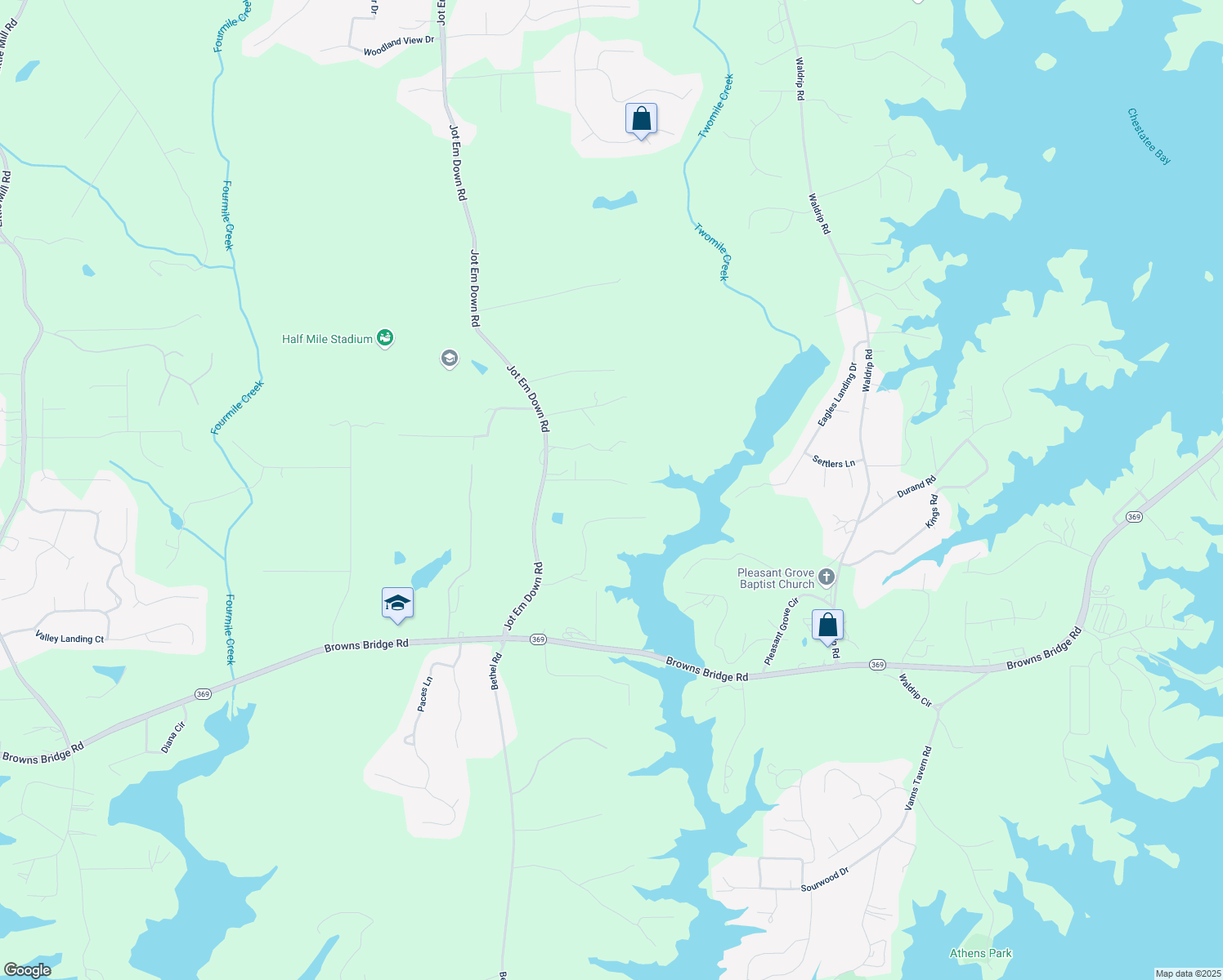 map of restaurants, bars, coffee shops, grocery stores, and more near 9540 Enclave Lane in Gainesville