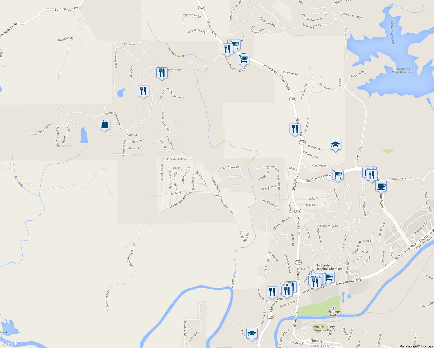 map of restaurants, bars, coffee shops, grocery stores, and more near 108 Puckett Creek Drive in Canton