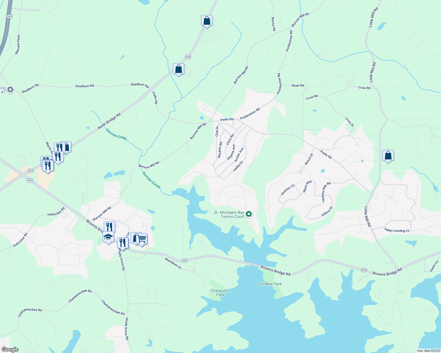 map of restaurants, bars, coffee shops, grocery stores, and more near 5325 Virginia Avenue in Cumming