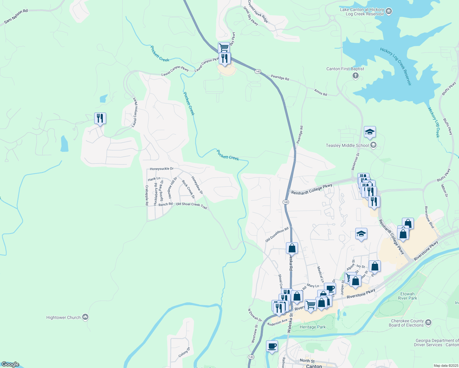 map of restaurants, bars, coffee shops, grocery stores, and more near 269 Creek View Place in Canton