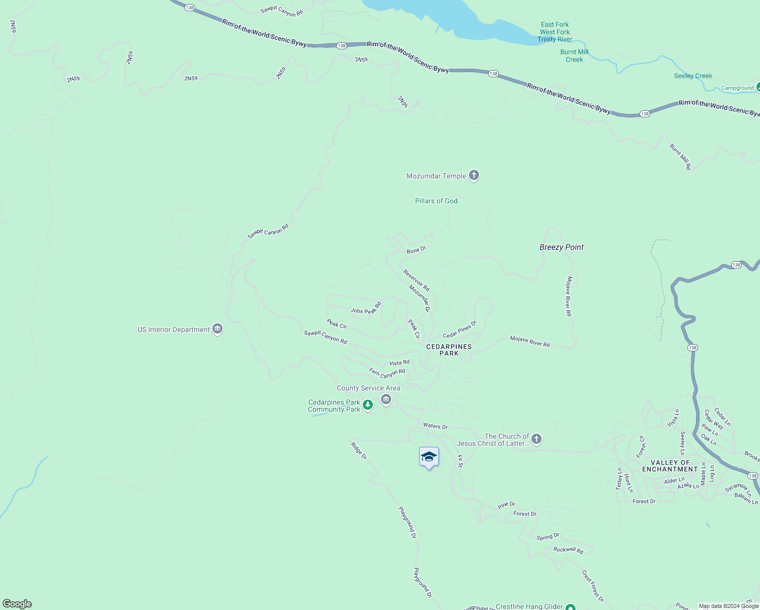 map of restaurants, bars, coffee shops, grocery stores, and more near 368 Hartman Circle in Crestline