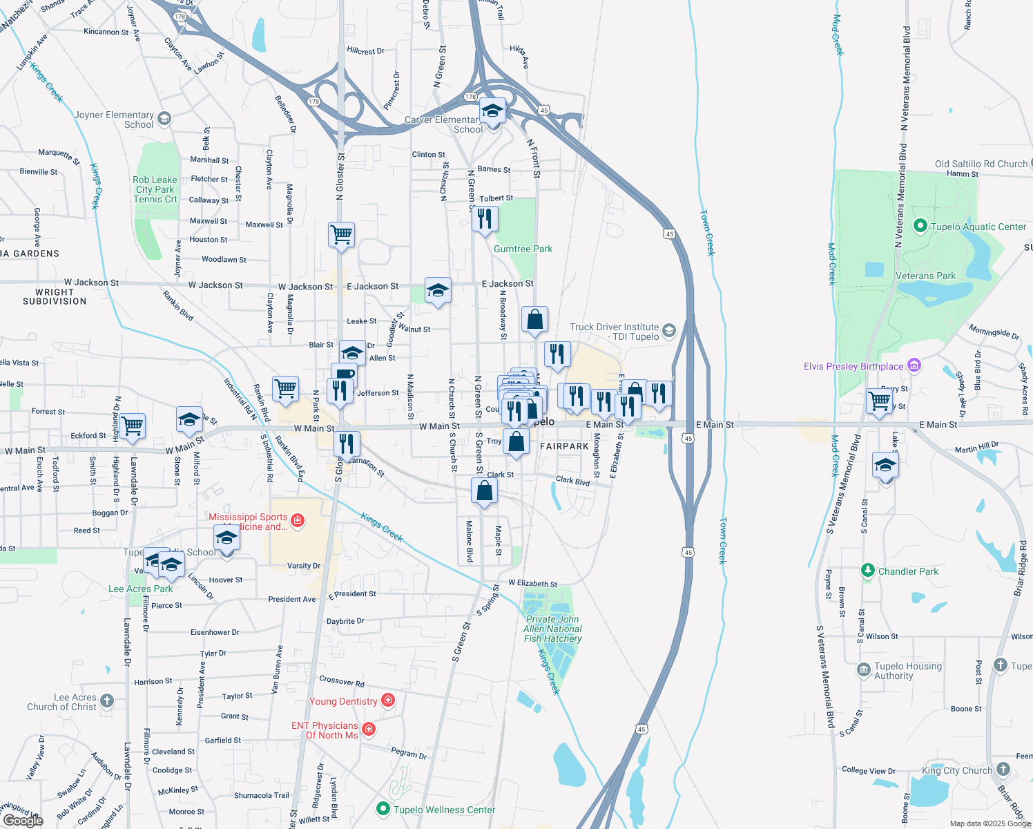 map of restaurants, bars, coffee shops, grocery stores, and more near 109 North Spring Street in Tupelo