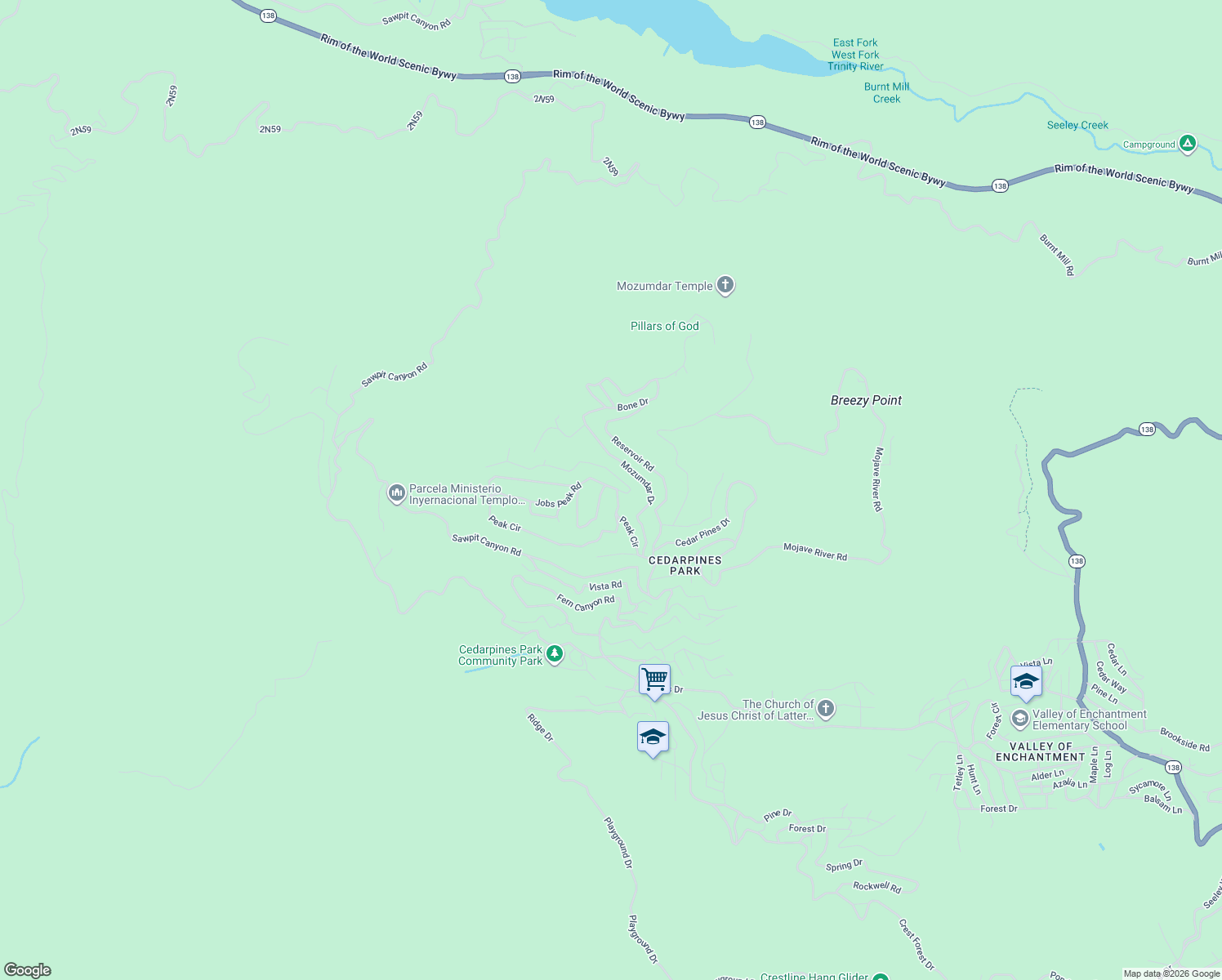 map of restaurants, bars, coffee shops, grocery stores, and more near 21819 North Jobs Peak Road in Crestline