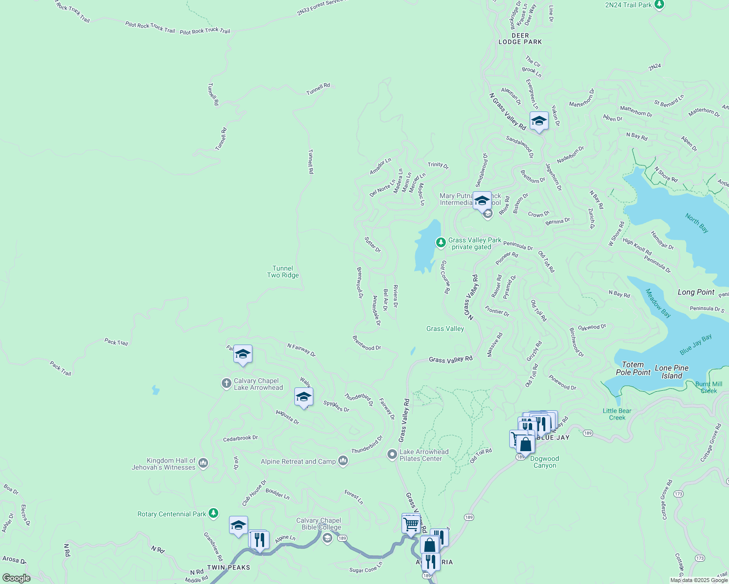 map of restaurants, bars, coffee shops, grocery stores, and more near 2 Brentwood Drive in Lake Arrowhead