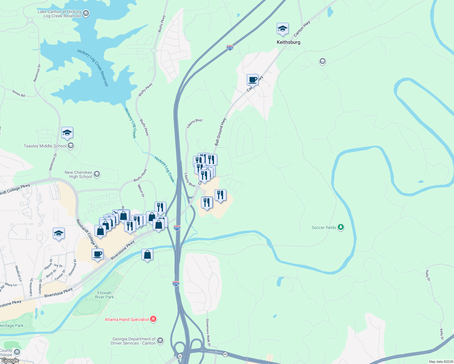 map of restaurants, bars, coffee shops, grocery stores, and more near 205 River Terrace in Canton