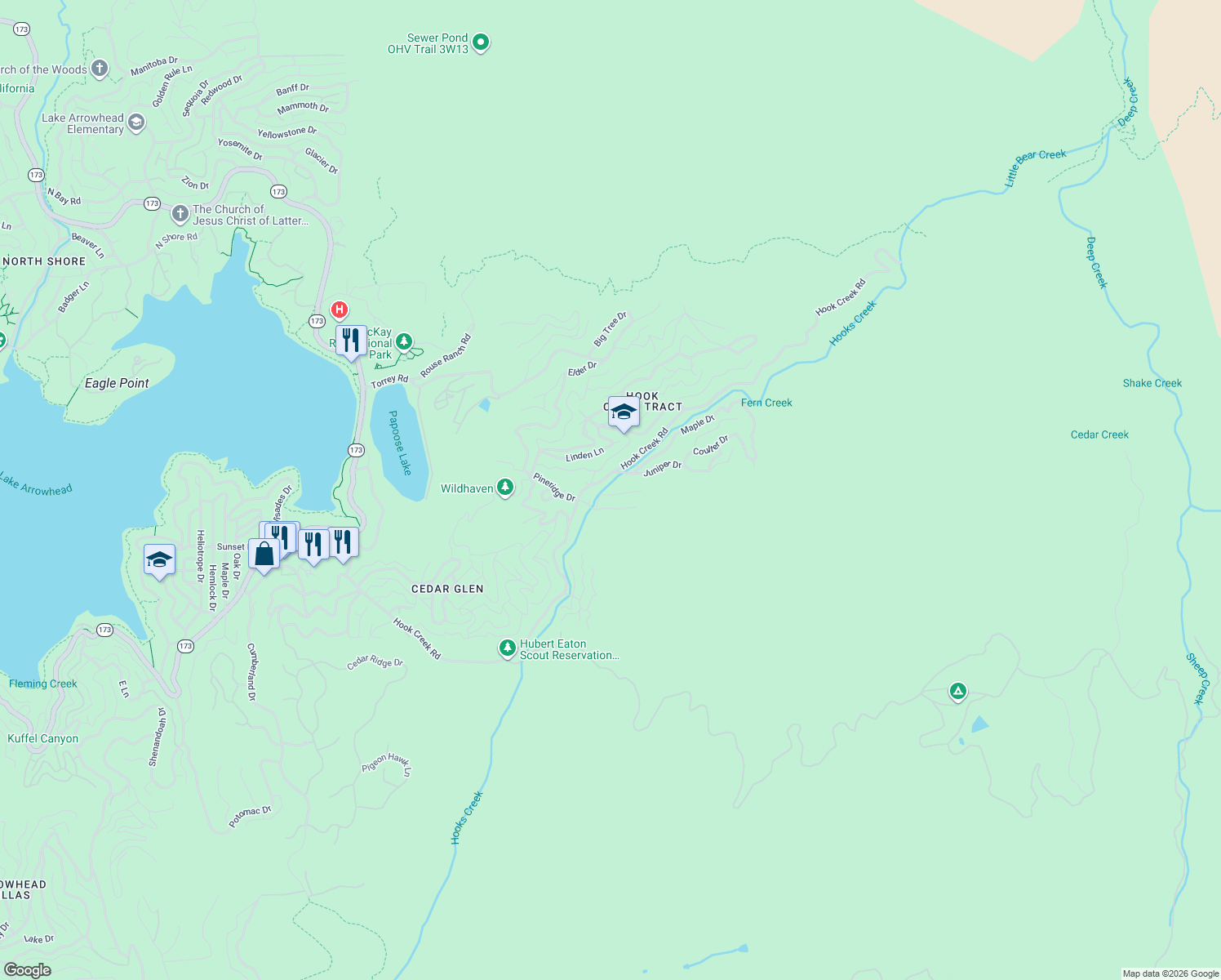 map of restaurants, bars, coffee shops, grocery stores, and more near 29726 Katharine Way in Lake Arrowhead