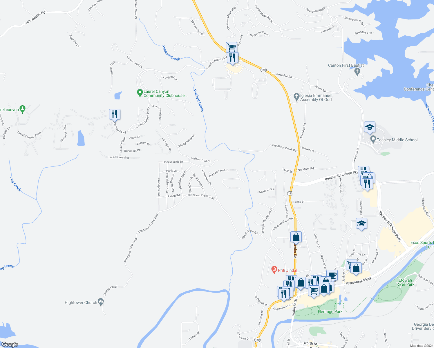 map of restaurants, bars, coffee shops, grocery stores, and more near 116 Puckett Creek Drive in Canton