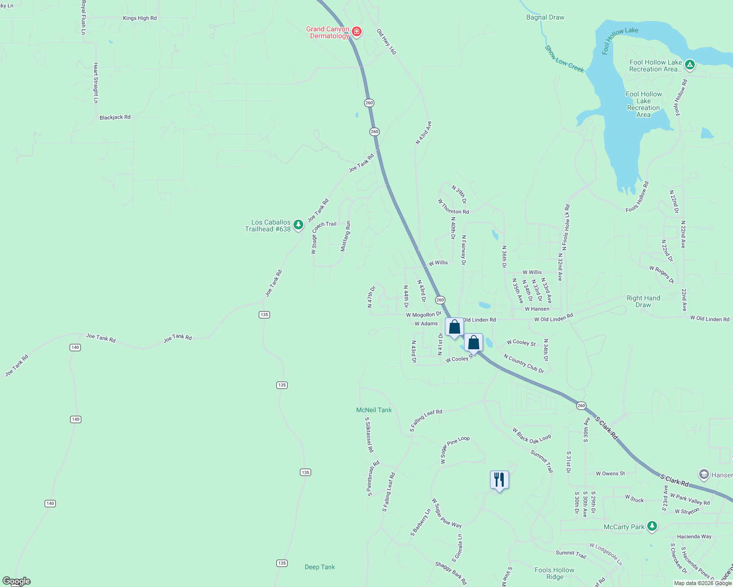 map of restaurants, bars, coffee shops, grocery stores, and more near 1000 North 47th Drive in Show Low