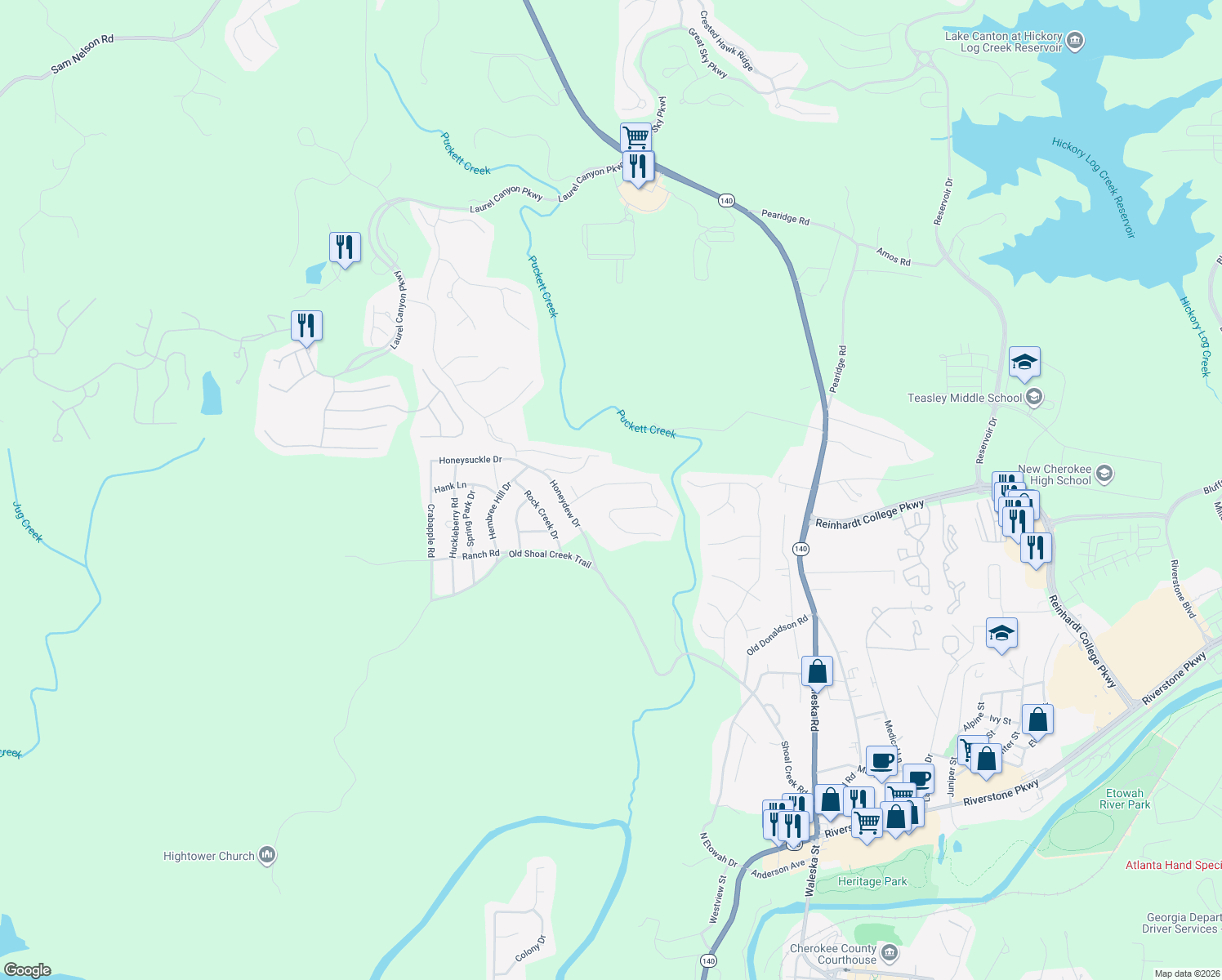 map of restaurants, bars, coffee shops, grocery stores, and more near 128 Puckett Creek Drive in Canton