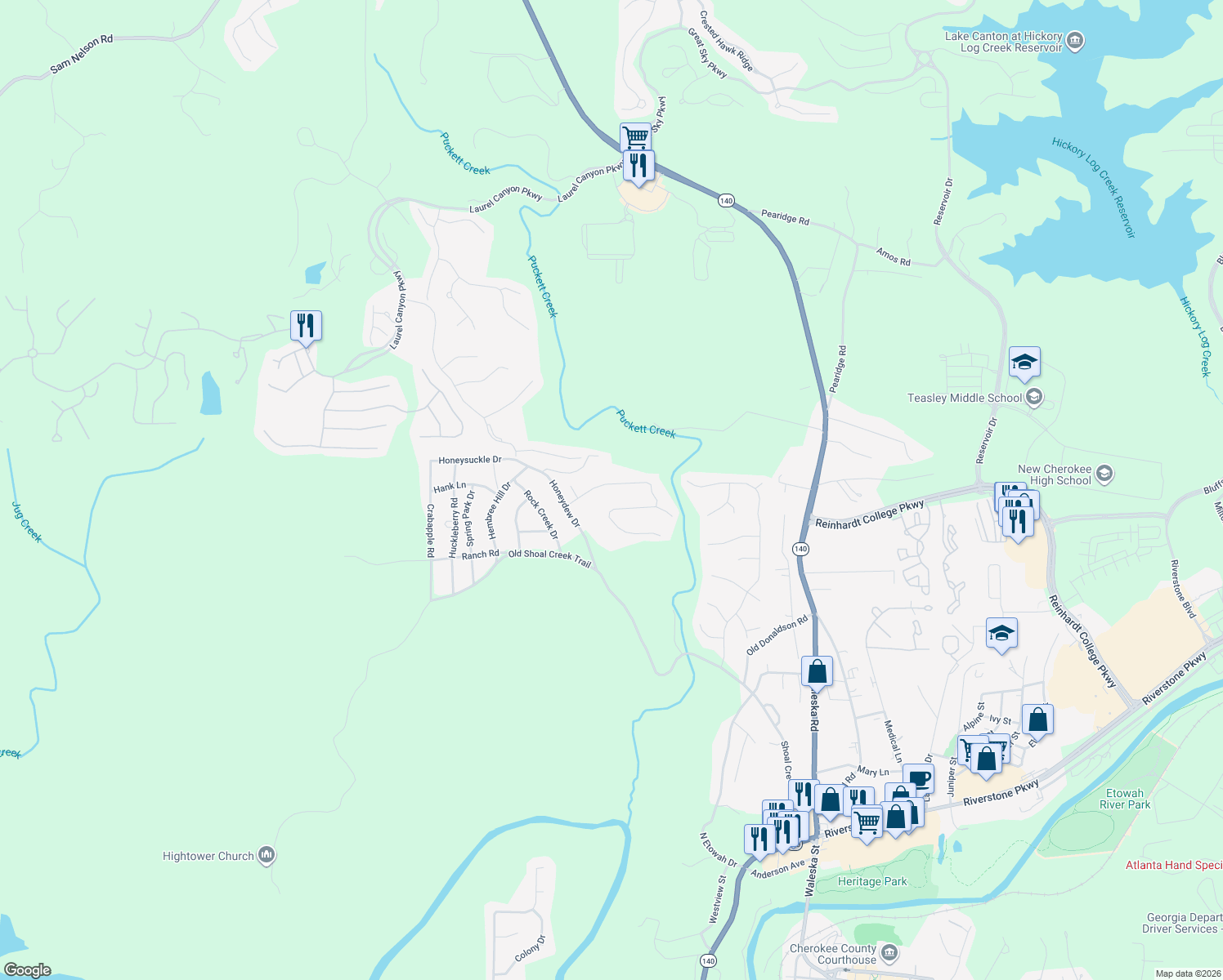 map of restaurants, bars, coffee shops, grocery stores, and more near 128 Puckett Creek Drive in Canton