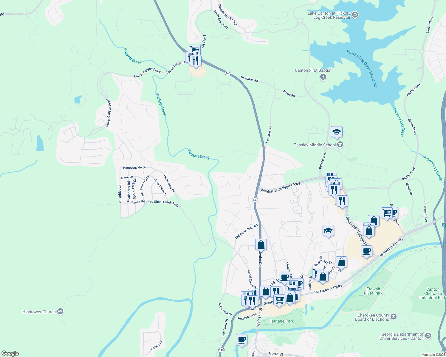 map of restaurants, bars, coffee shops, grocery stores, and more near 1069 Whispering Woods Drive in Canton