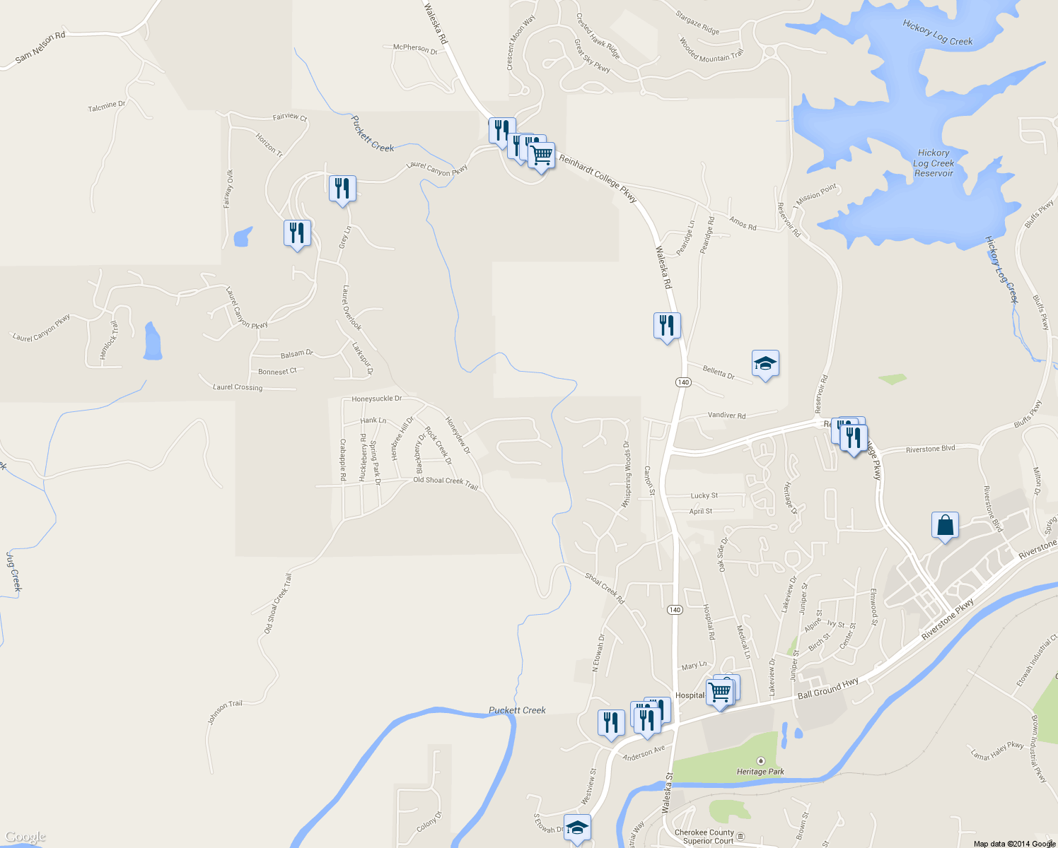 map of restaurants, bars, coffee shops, grocery stores, and more near 152 Puckett Creek Dr in Canton