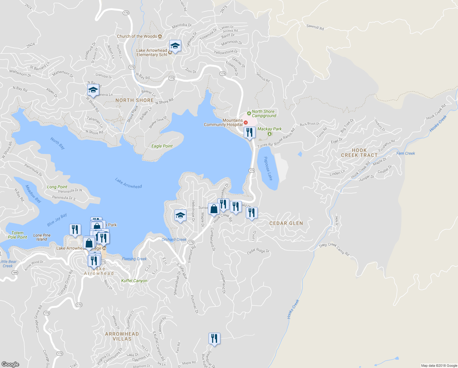 map of restaurants, bars, coffee shops, grocery stores, and more near 28940 Palisades Drive in Lake Arrowhead
