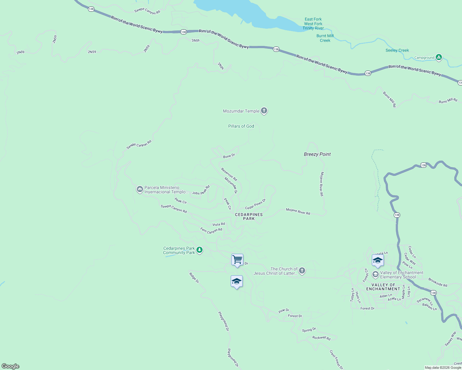 map of restaurants, bars, coffee shops, grocery stores, and more near 480 Mozumdar Drive in Crestline
