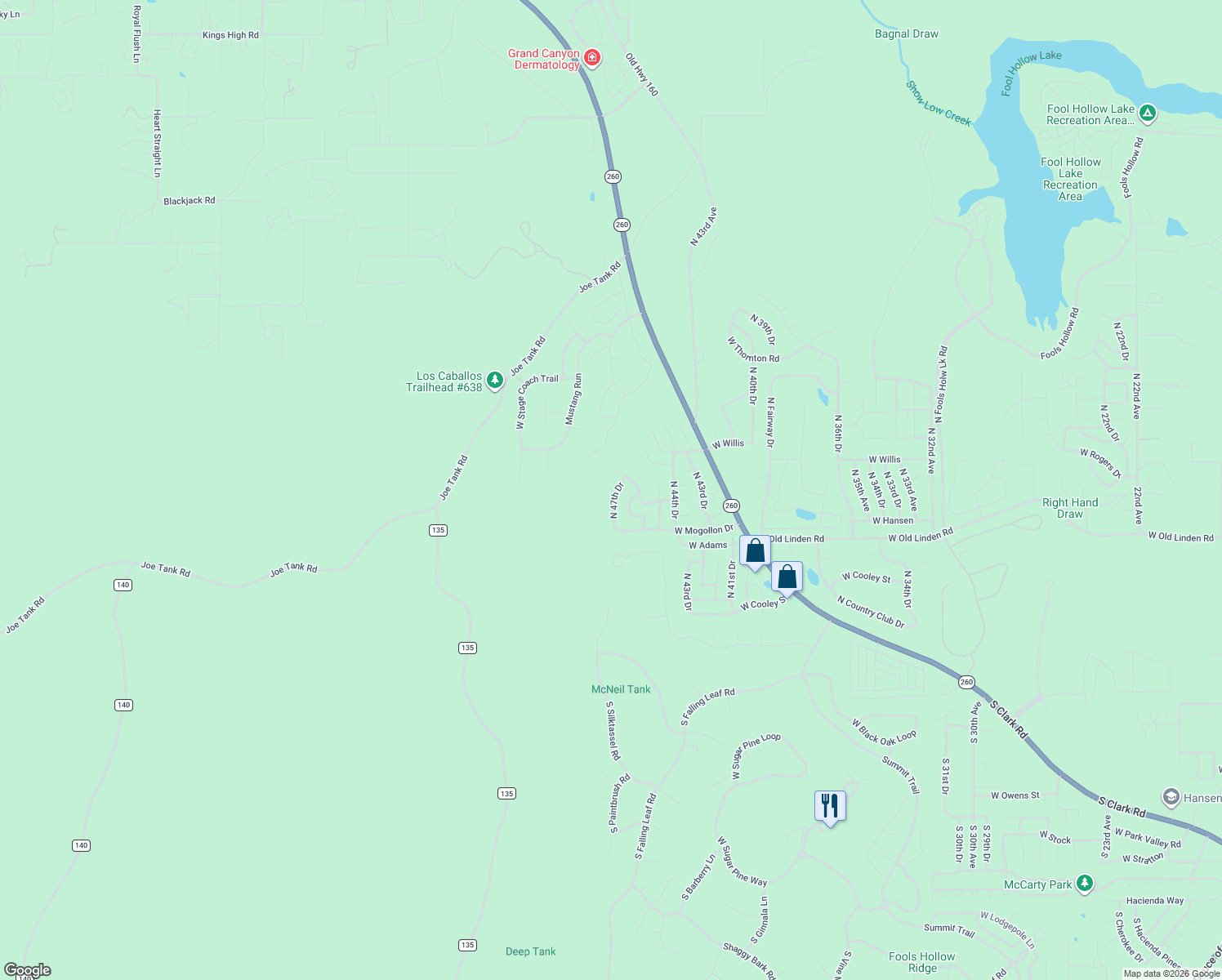 map of restaurants, bars, coffee shops, grocery stores, and more near 1000 North 47th Drive in Show Low