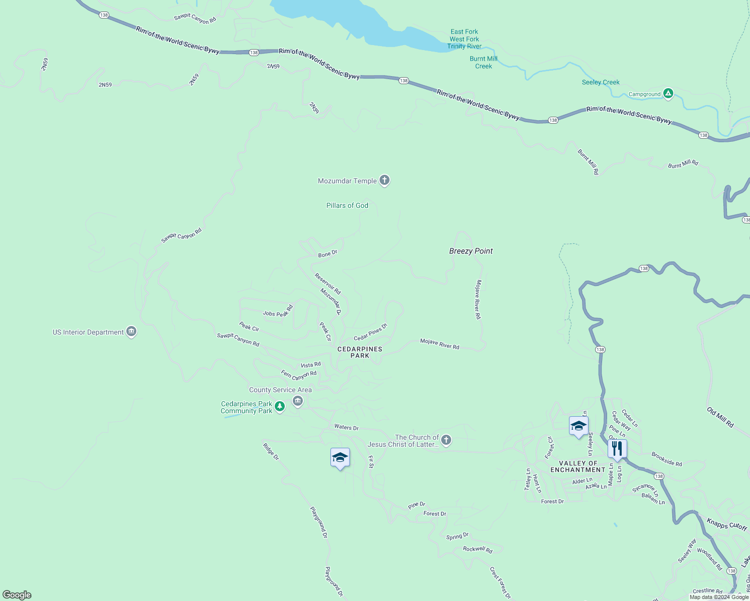map of restaurants, bars, coffee shops, grocery stores, and more near El Valle Road in Crestline