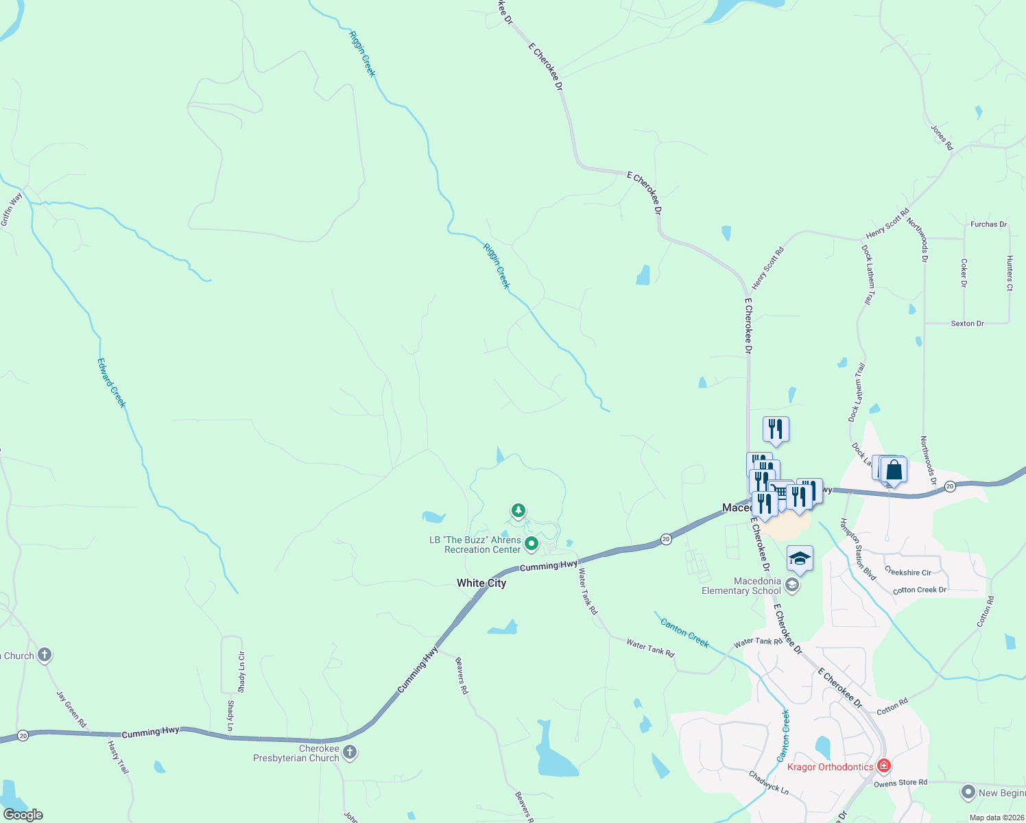 map of restaurants, bars, coffee shops, grocery stores, and more near 521 Huntington Drive in Ball Ground