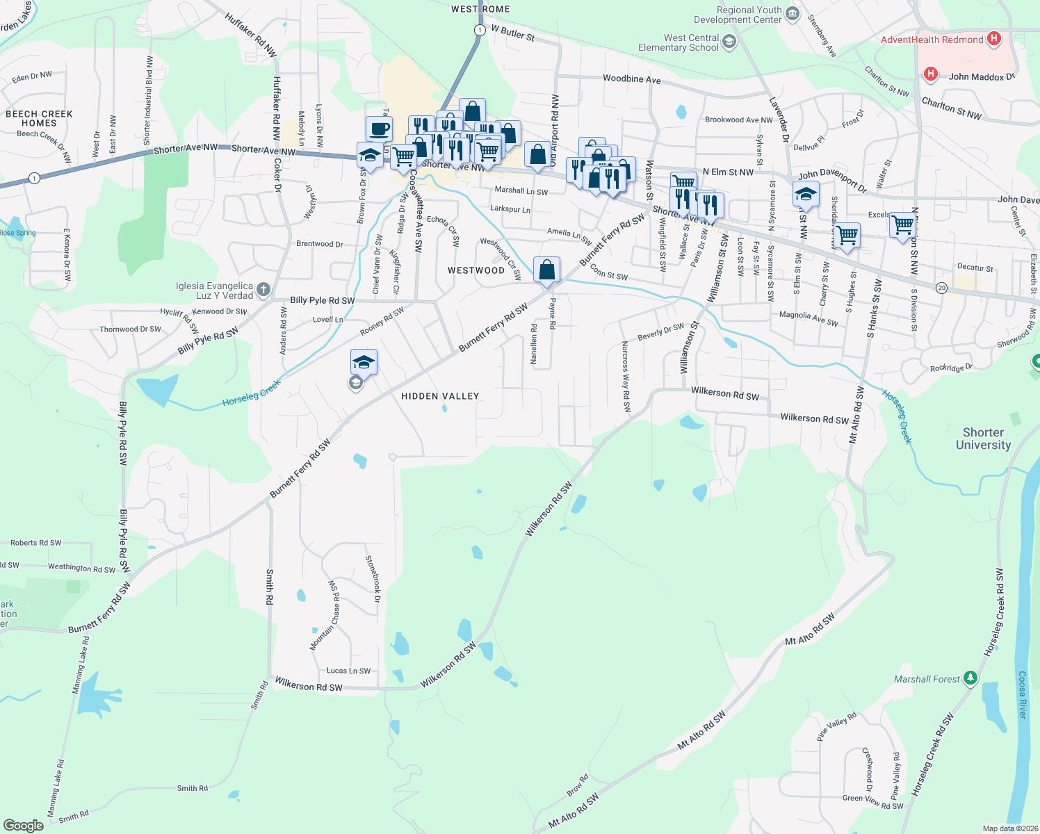 map of restaurants, bars, coffee shops, grocery stores, and more near 108 E Creekview Dr SW in Rome