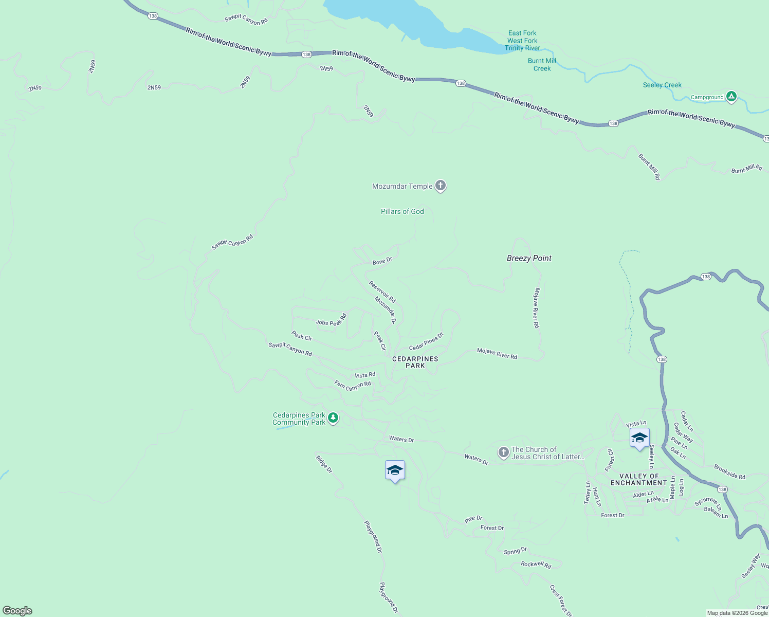 map of restaurants, bars, coffee shops, grocery stores, and more near 483 Mozumdar Drive in Crestline