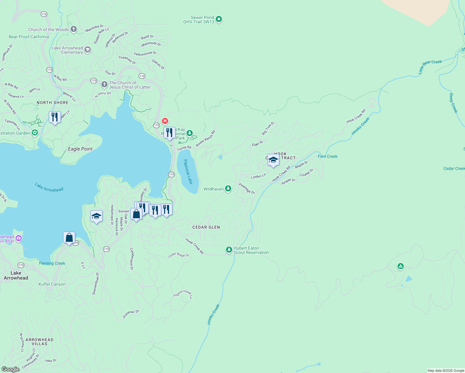 map of restaurants, bars, coffee shops, grocery stores, and more near 478 Oak Dale Drive in Lake Arrowhead
