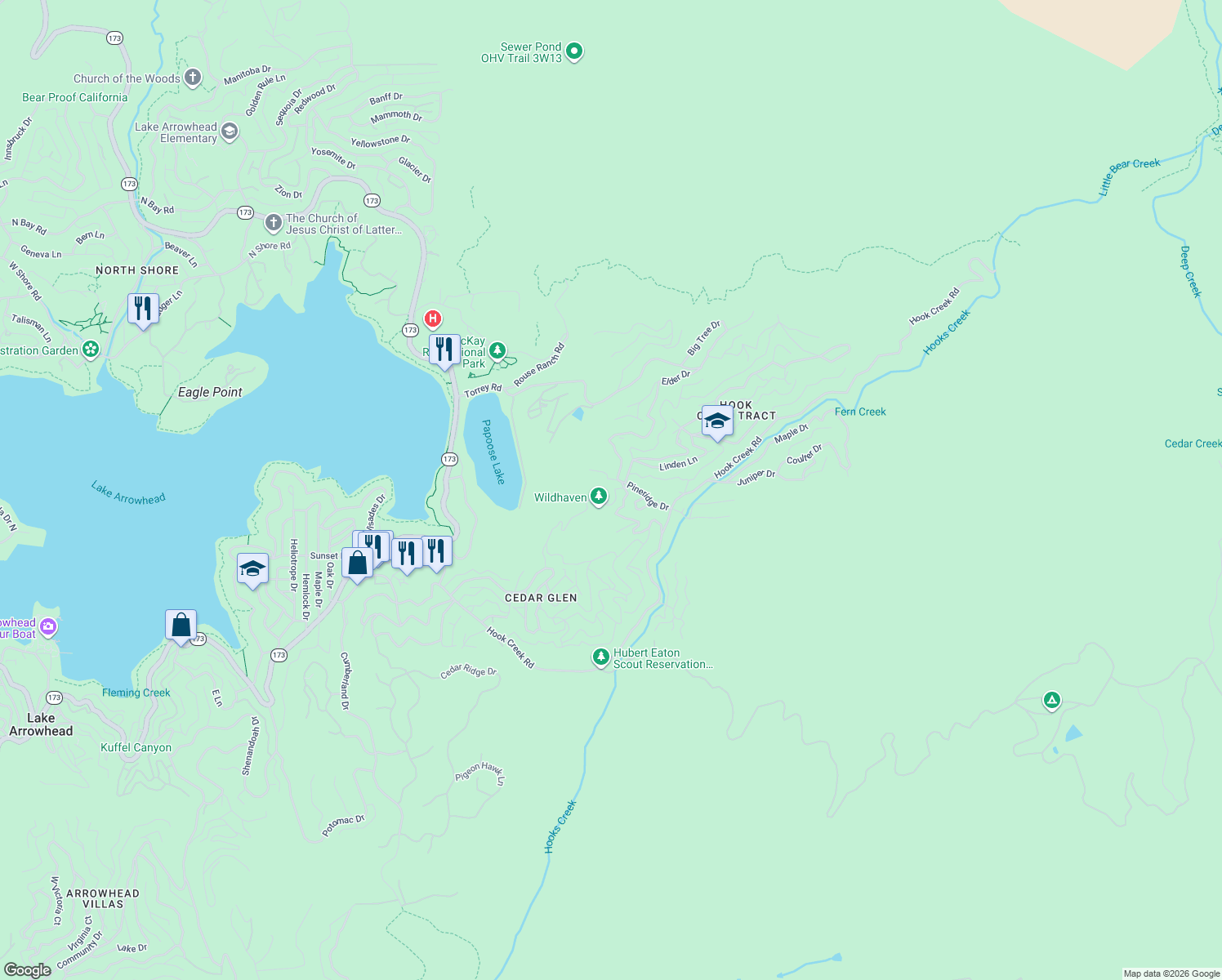 map of restaurants, bars, coffee shops, grocery stores, and more near 478 Oak Dale Drive in Lake Arrowhead