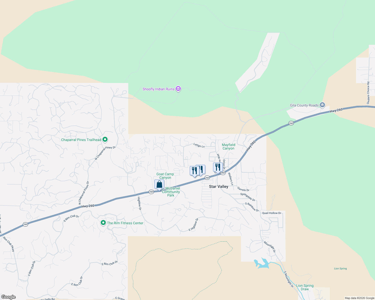 map of restaurants, bars, coffee shops, grocery stores, and more near 99 Chitwood Trail in Payson