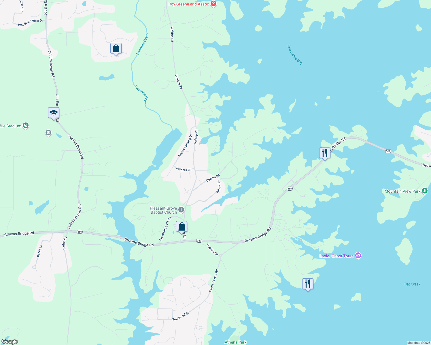 map of restaurants, bars, coffee shops, grocery stores, and more near 9715 Durand Road in Gainesville