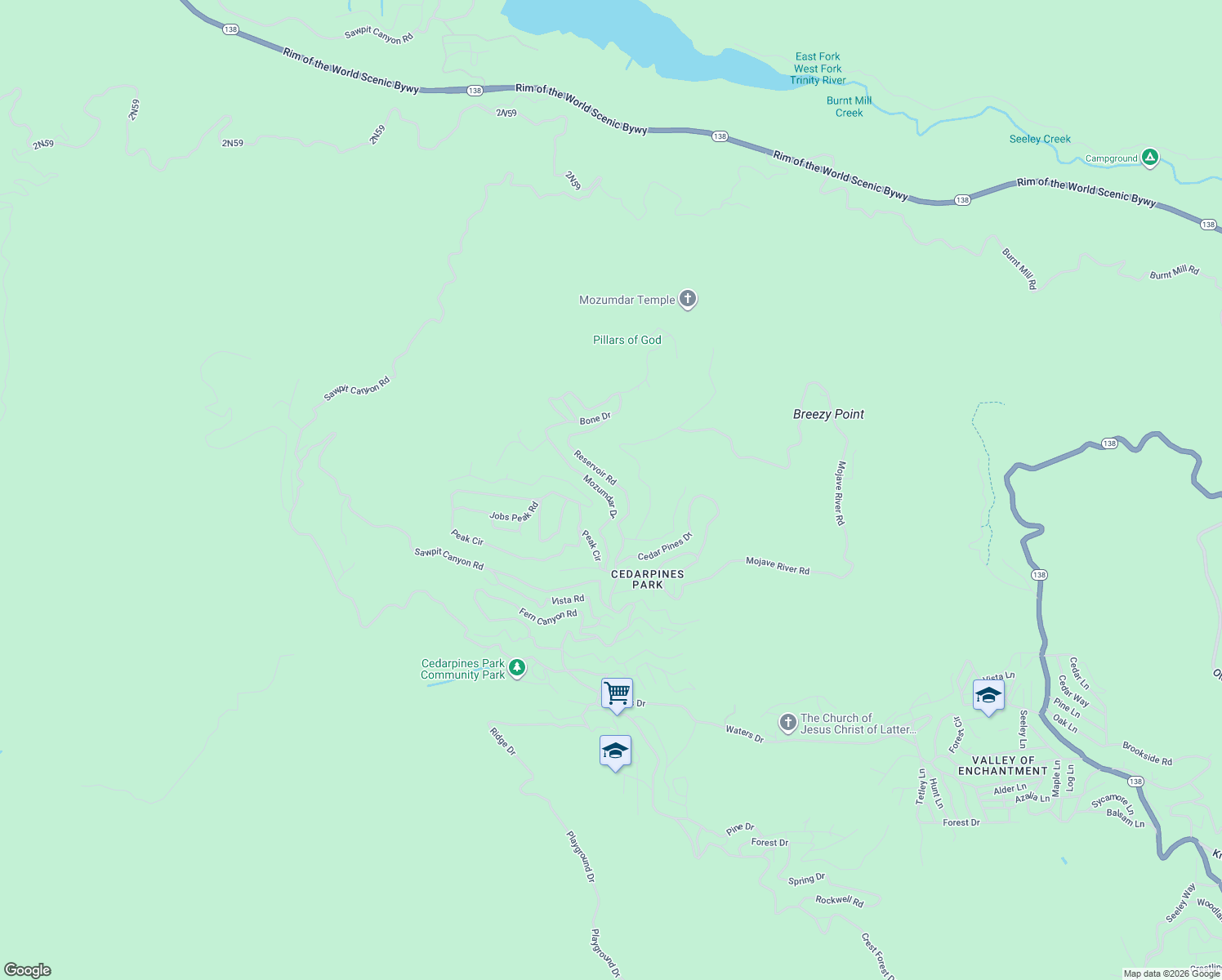 map of restaurants, bars, coffee shops, grocery stores, and more near 483 Mozumdar Drive in Crestline