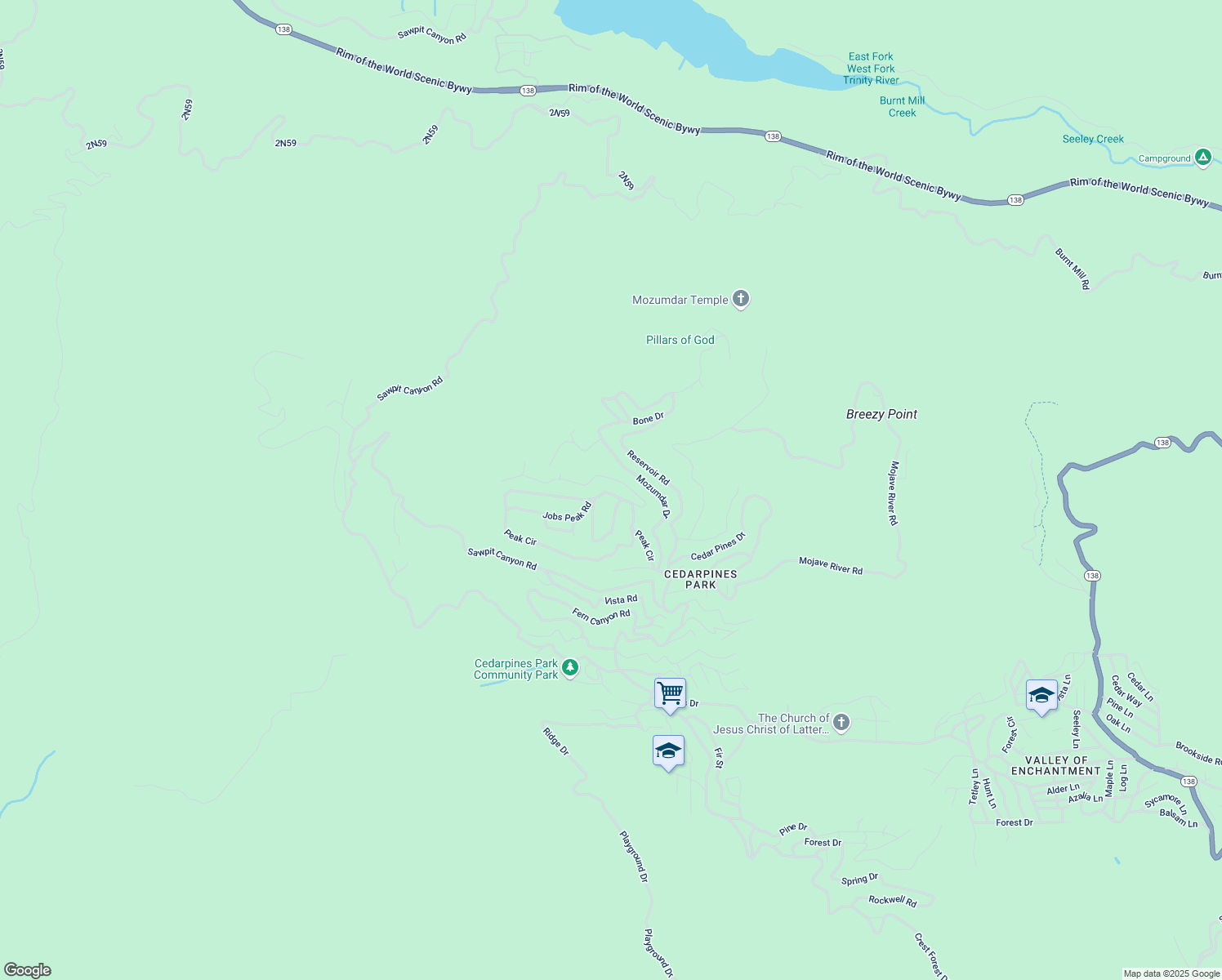 map of restaurants, bars, coffee shops, grocery stores, and more near 21756 Jobs Peak Road in Crestline