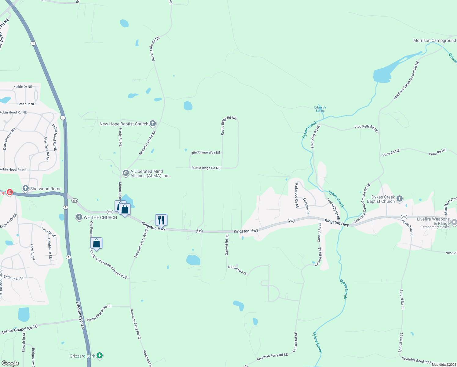 map of restaurants, bars, coffee shops, grocery stores, and more near 195 Southern Grace Pl NE in Rome