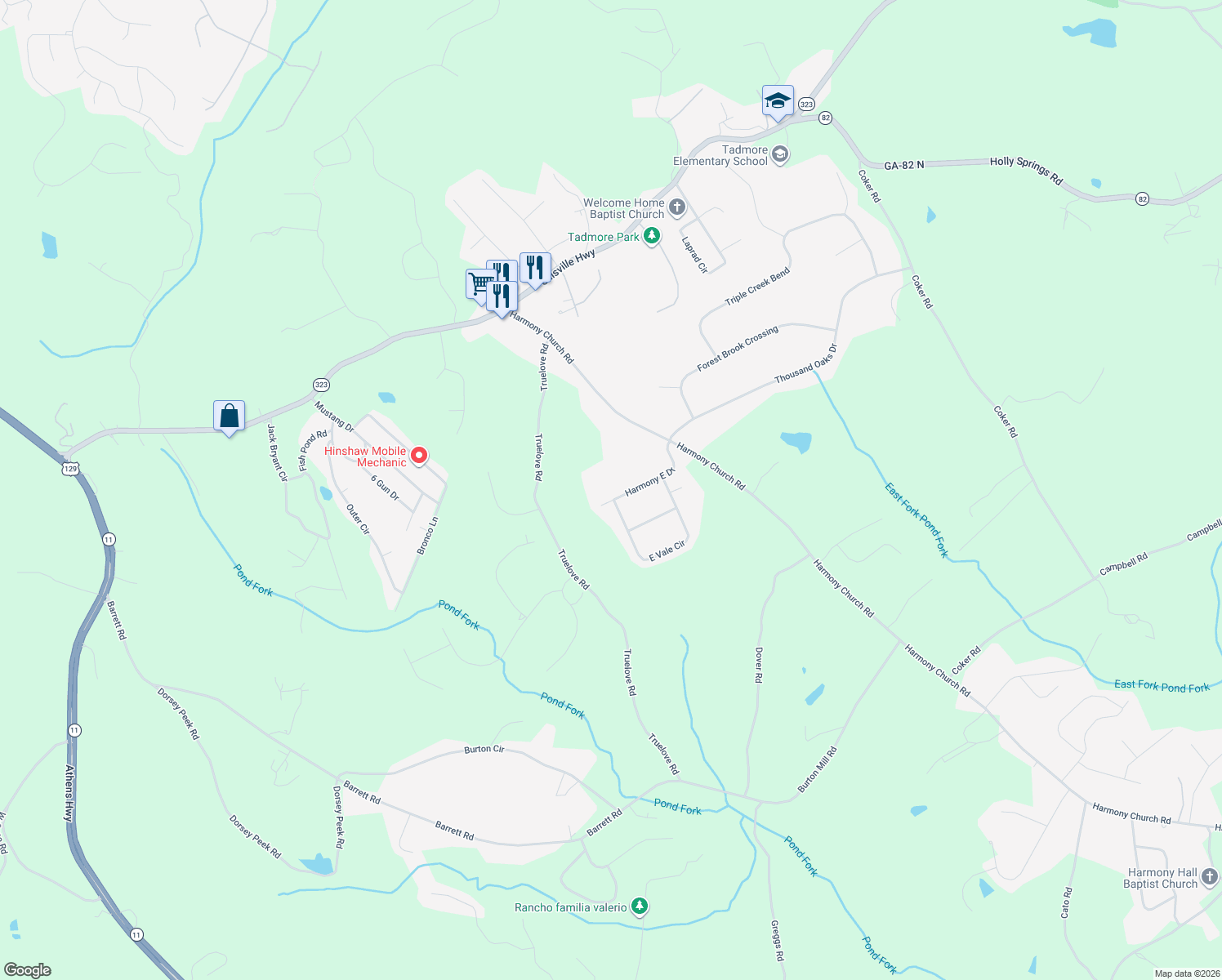 map of restaurants, bars, coffee shops, grocery stores, and more near 3266 Harmony E Dr in Gainesville