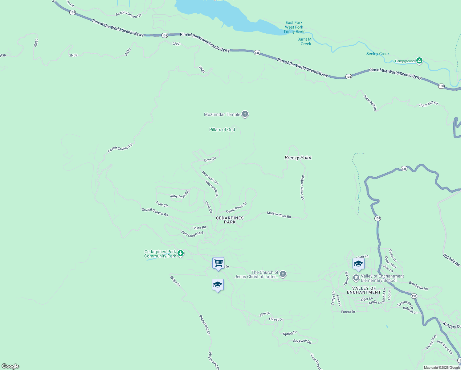 map of restaurants, bars, coffee shops, grocery stores, and more near Burnt Mill Canyon Road in Crestline
