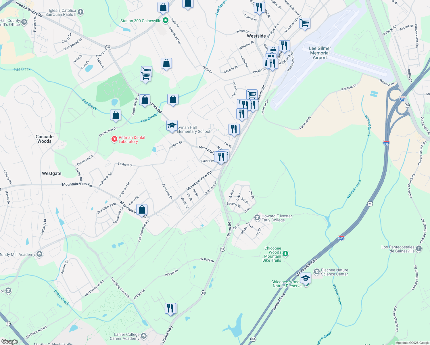 map of restaurants, bars, coffee shops, grocery stores, and more near 2005 Mountain View Road in Gainesville