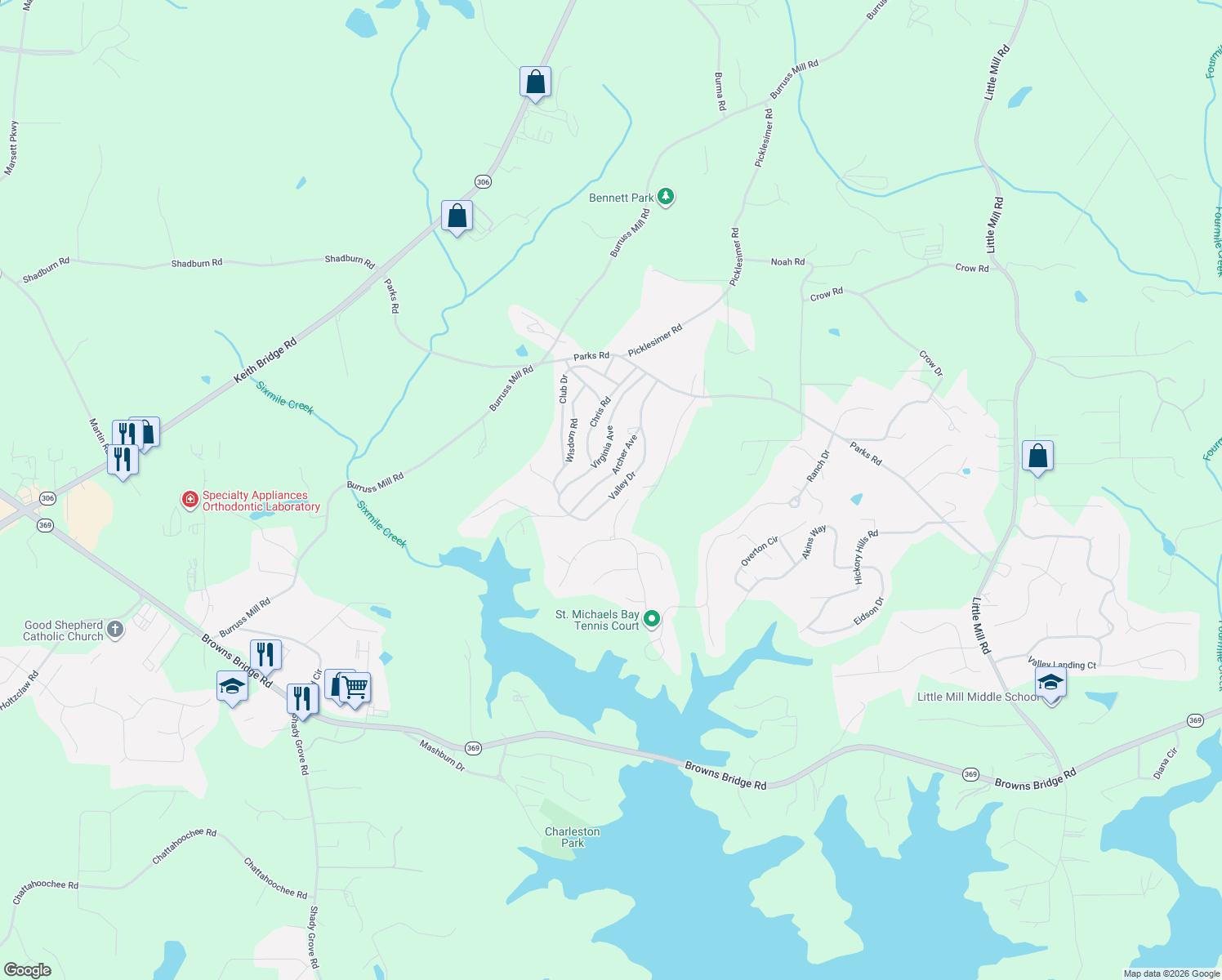 map of restaurants, bars, coffee shops, grocery stores, and more near 6540 Tuscany Lane in Cumming