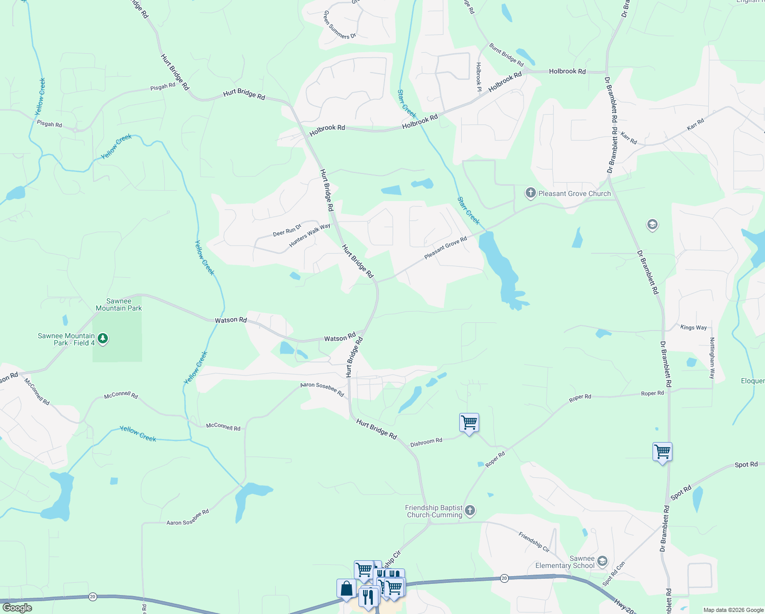 map of restaurants, bars, coffee shops, grocery stores, and more near 3430 Hurt Bridge Road in Cumming