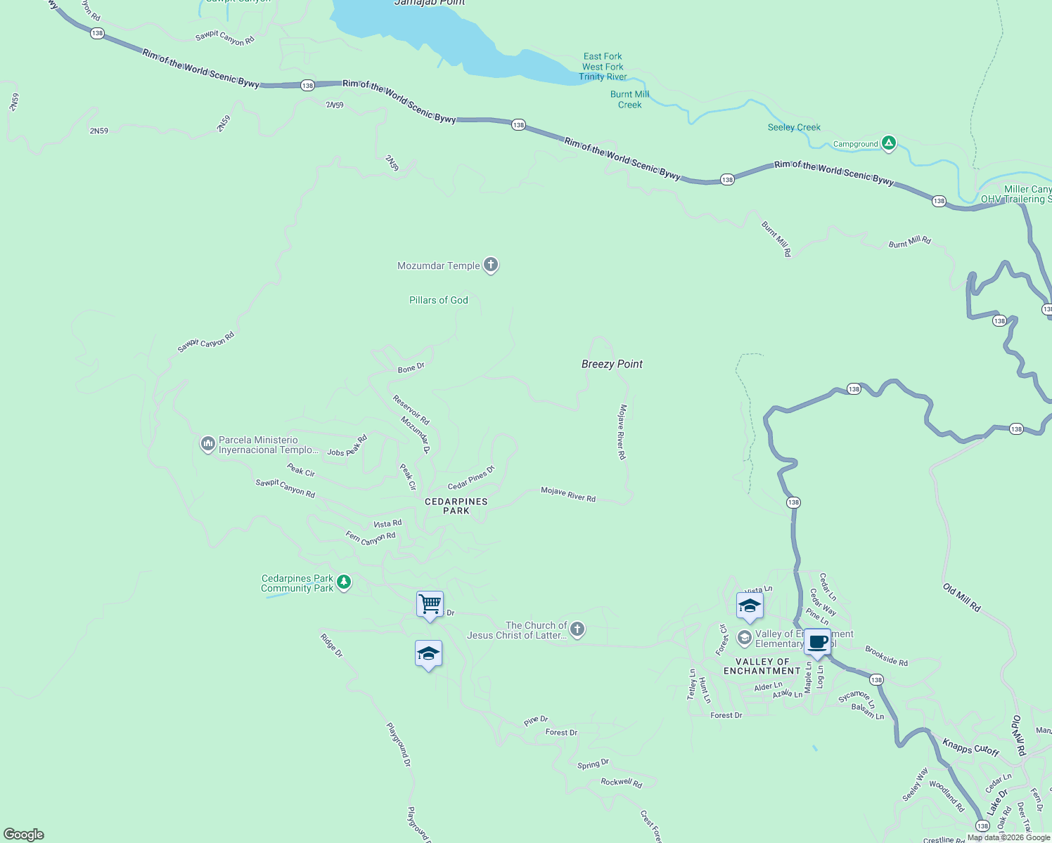 map of restaurants, bars, coffee shops, grocery stores, and more near Cedar Pines Drive in Crestline