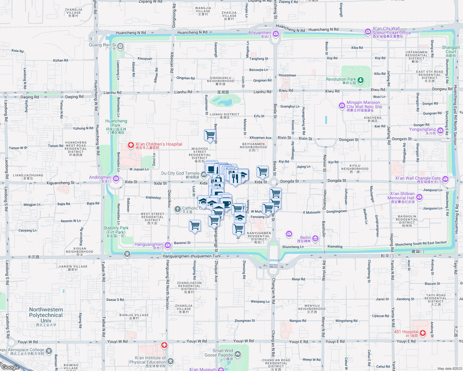 map of restaurants, bars, coffee shops, grocery stores, and more near 6 West Street in Xian Shi