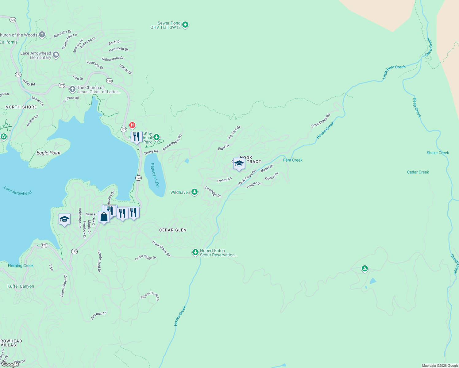 map of restaurants, bars, coffee shops, grocery stores, and more near 29726 Katherine Way in Lake Arrowhead