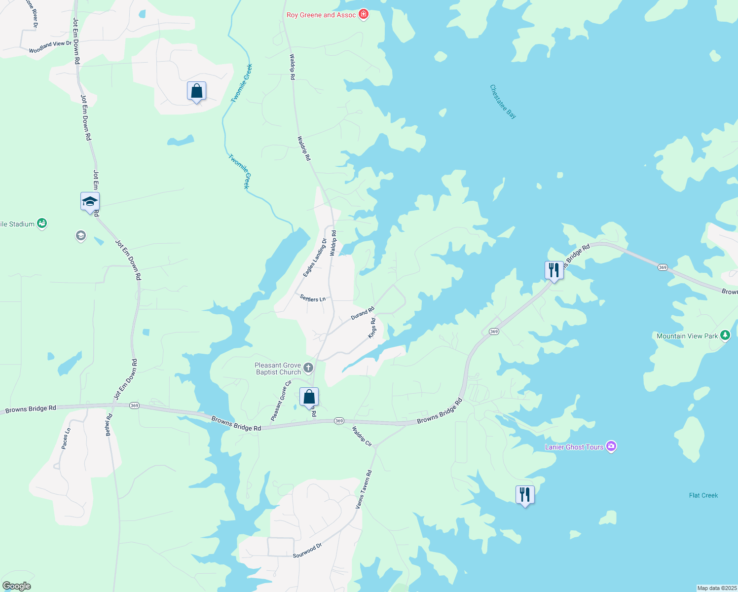 map of restaurants, bars, coffee shops, grocery stores, and more near 9715 Durand Road in Gainesville