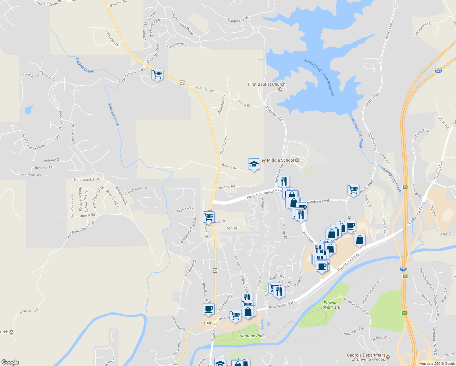map of restaurants, bars, coffee shops, grocery stores, and more near 217 Vandiver Road in Canton