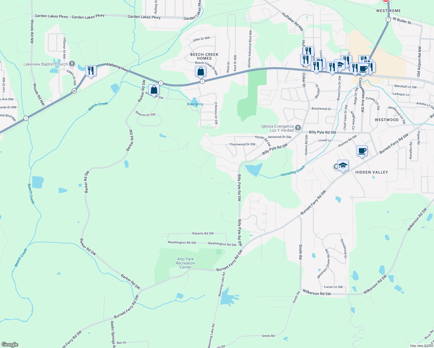 map of restaurants, bars, coffee shops, grocery stores, and more near 41 Quiet Acres Road Southwest in Rome