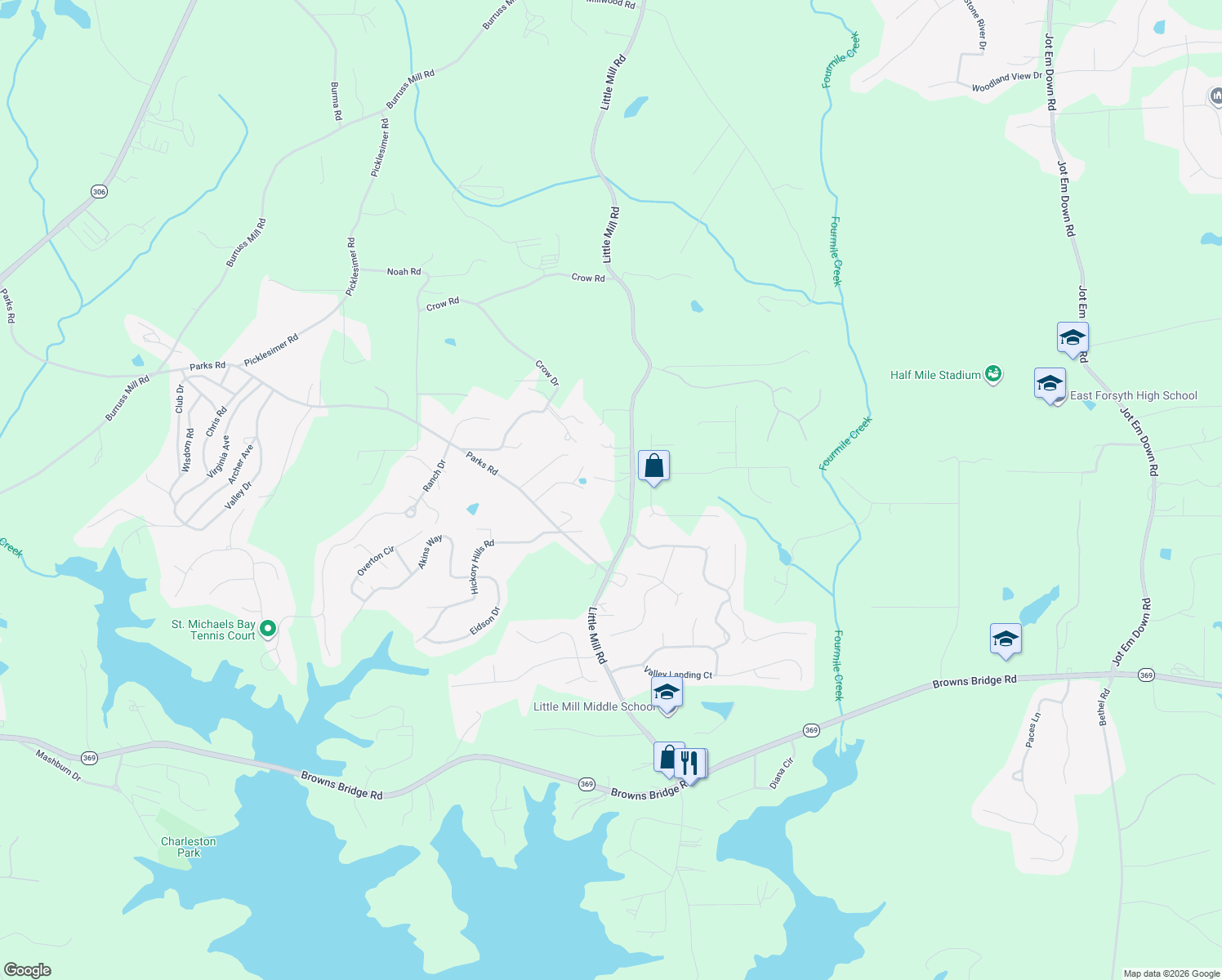 map of restaurants, bars, coffee shops, grocery stores, and more near 7325 Little Mill Road in Cumming