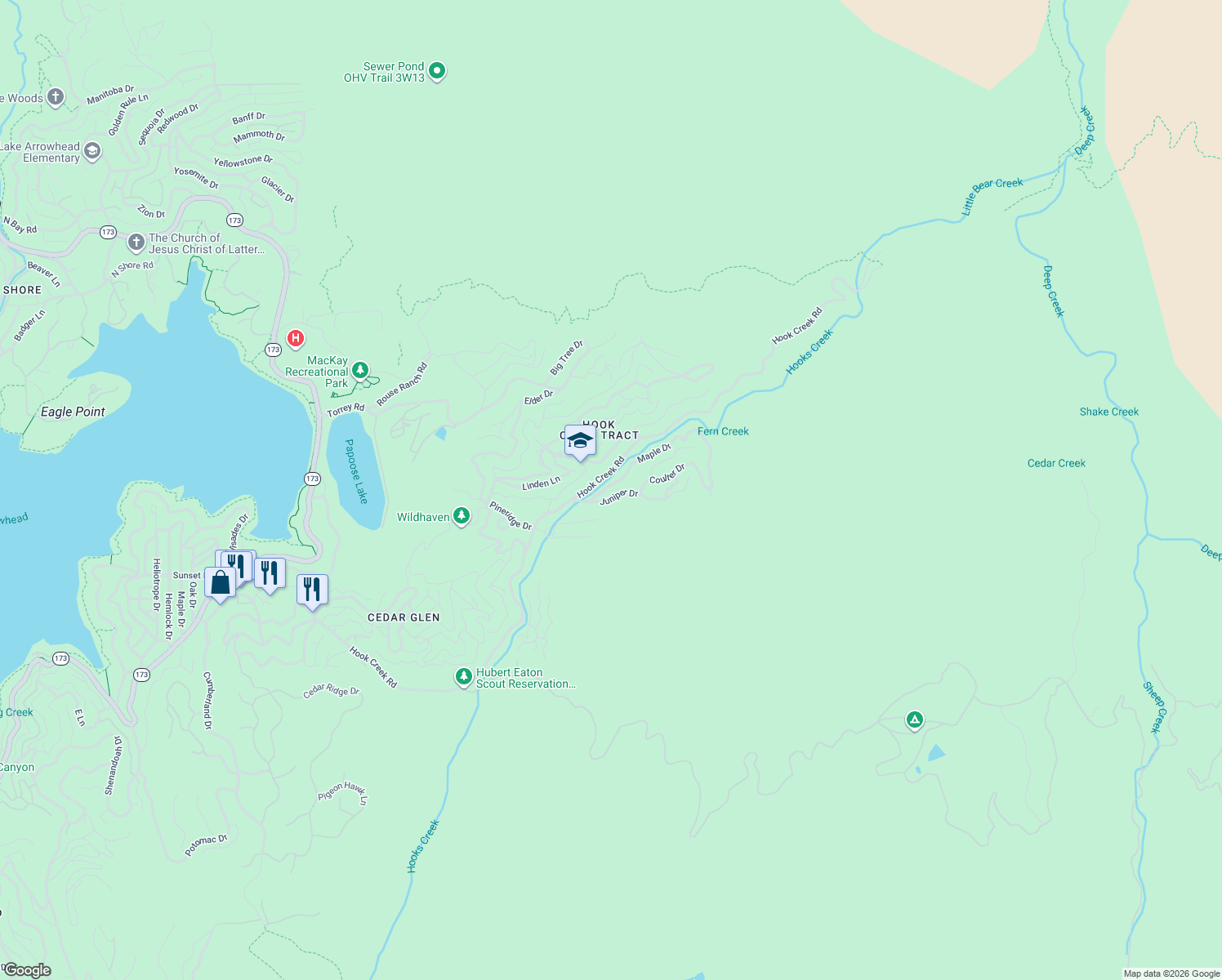 map of restaurants, bars, coffee shops, grocery stores, and more near 29834 Juniper Drive in Lake Arrowhead