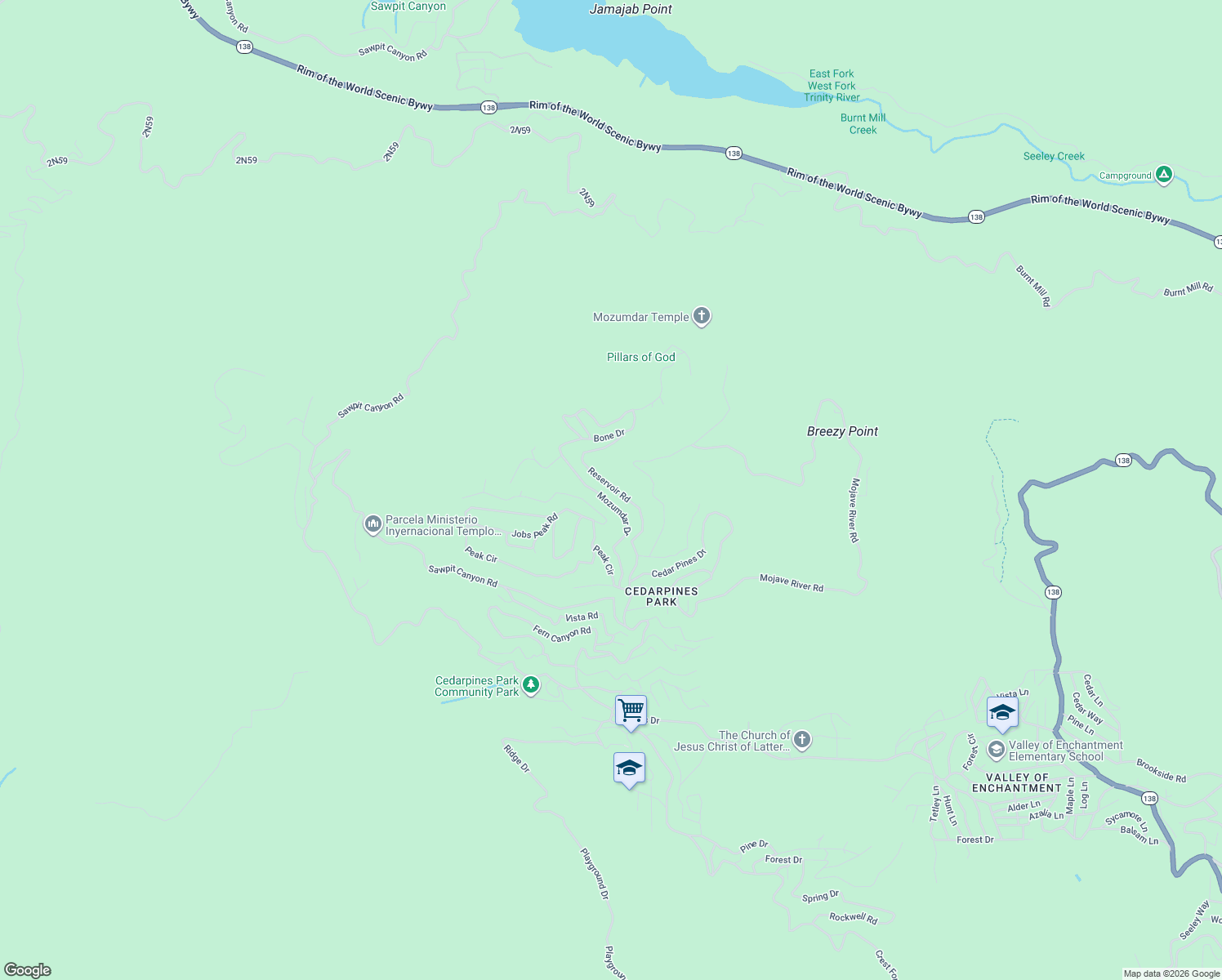 map of restaurants, bars, coffee shops, grocery stores, and more near Reservoir Road in Crestline