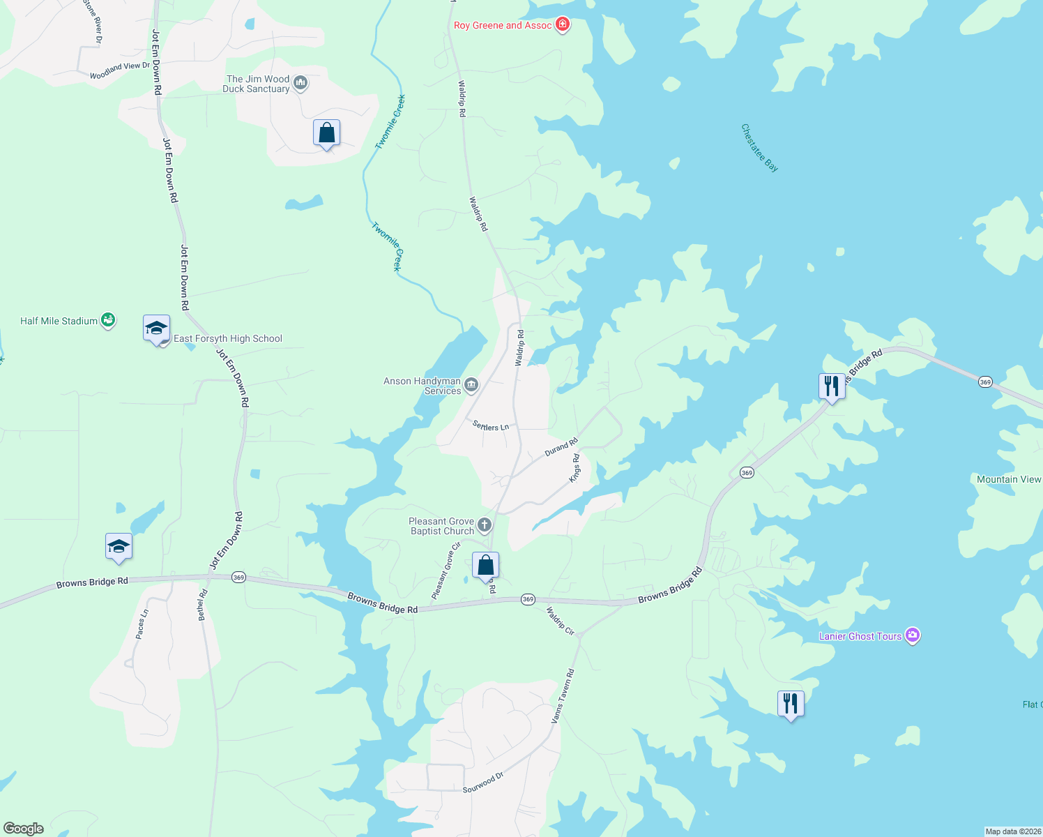 map of restaurants, bars, coffee shops, grocery stores, and more near 9480 Waldrip Road in Gainesville