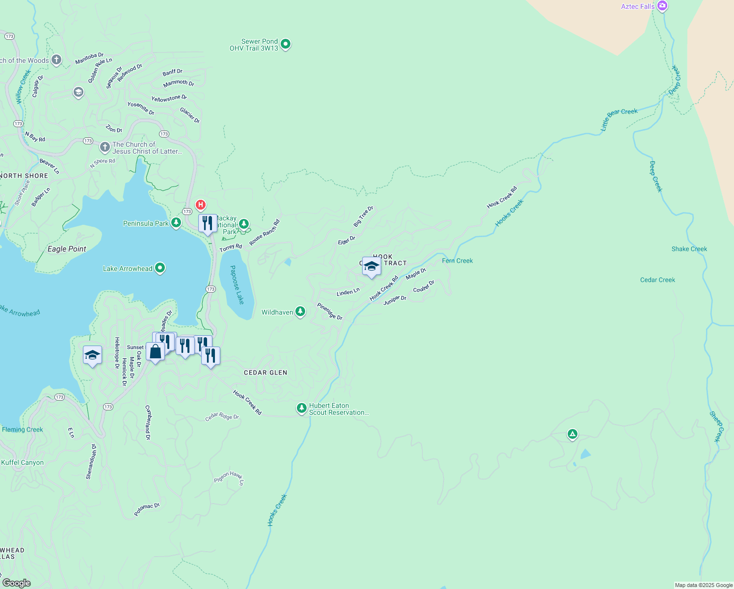 map of restaurants, bars, coffee shops, grocery stores, and more near 29723 Linden Lane in Lake Arrowhead