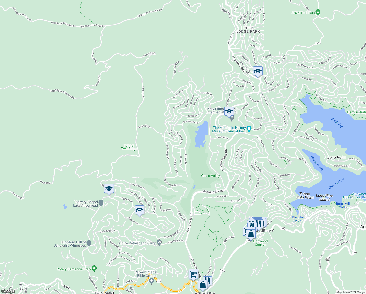 map of restaurants, bars, coffee shops, grocery stores, and more near 572 Brentwood Drive in Lake Arrowhead